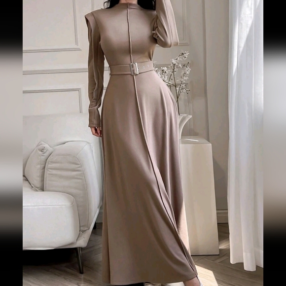 Women's Stand Collar Long Sleeve Toothpick Striped Design Elegant Long Dress - Picture 3 of 4